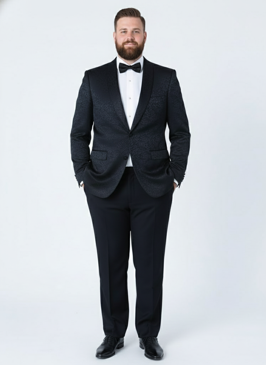 Men’s Black Textured Paisley floral Tuxedo Suit – Premium Slim Fit Formal Wedding, Prom, with Bowtie - 34 Short or Extra Small