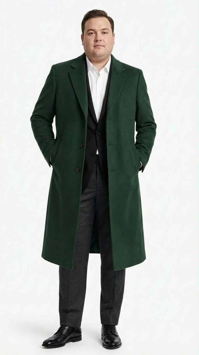 Men’s Hunter Green Full-Length Wool Overcoat – Classic Winter Dress Coat for Formal and Casual Wear Topcoat Mens Wintercoat - Coat Size 38