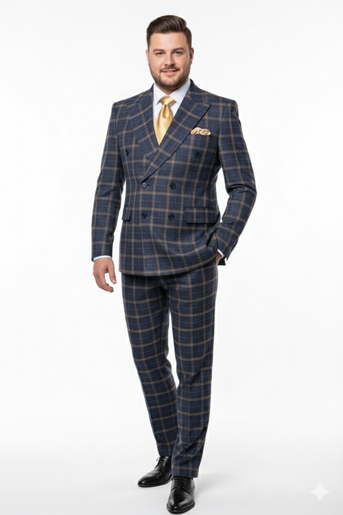 Mens Navy and Tan Windowpane Double-Breasted Suit | Classic 2-Piece Plaid Dress Suit, Business, and Formal Events By Rossiman
