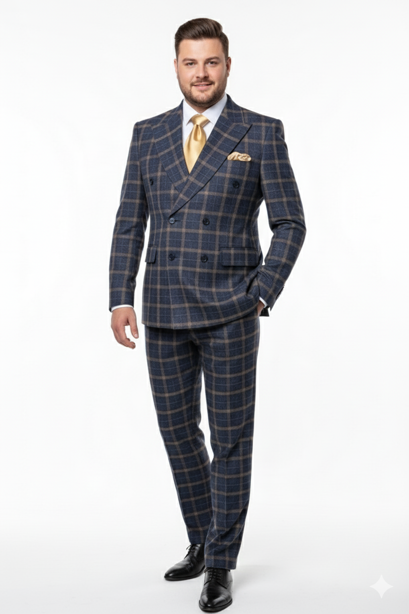 Men’s Navy and Tan Windowpane Double-Breasted Suit | Classic 2-Piece Plaid Dress Suit, Business, and Formal Events By Rossiman - 34 Short or Extra Small