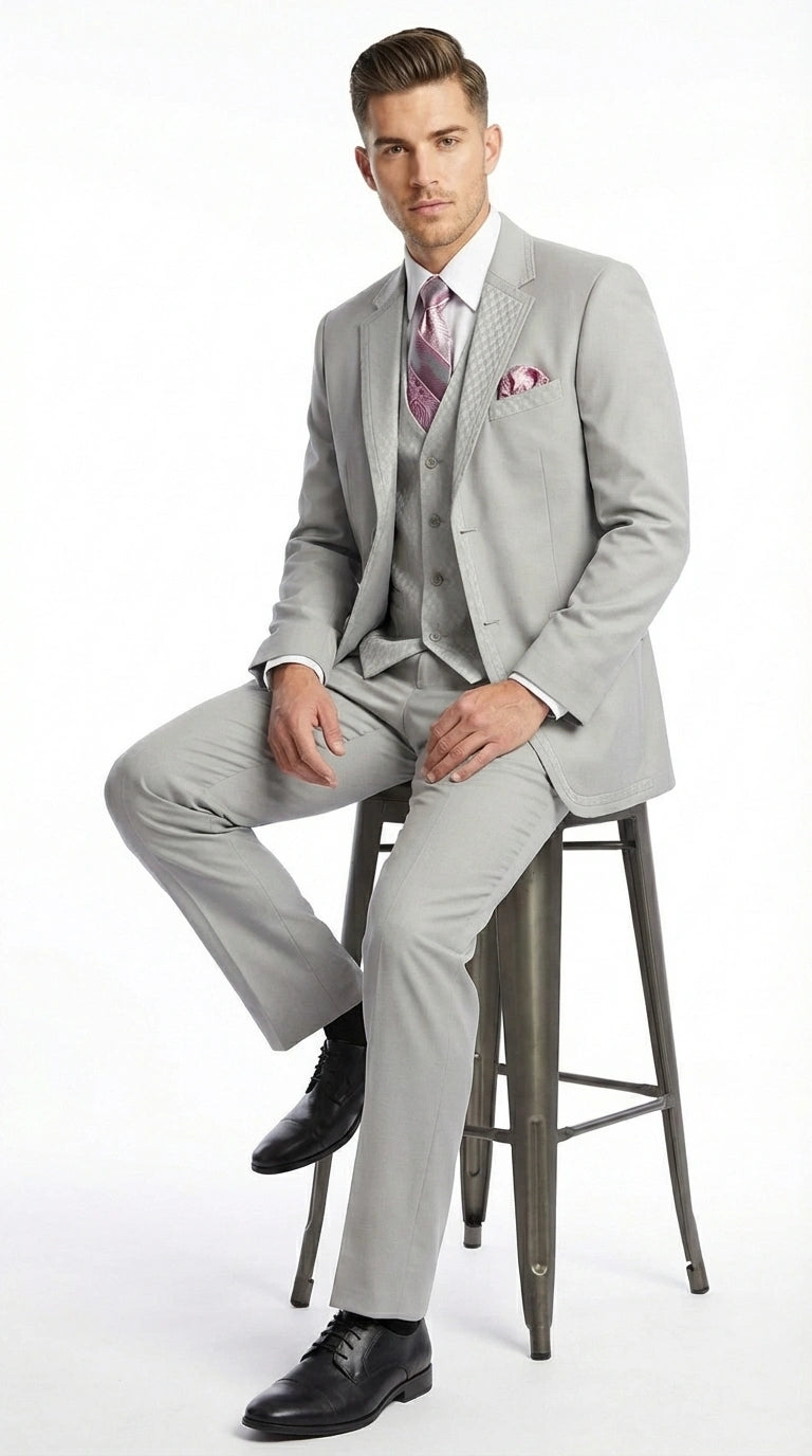 Men’s Light Gray 3 Piece Suit – Ice Silver Gray Formal Suit Set with Vest, Patterned Lapel and Tie for Wedding, Prom and Business Events - 34 Short or Extra Small