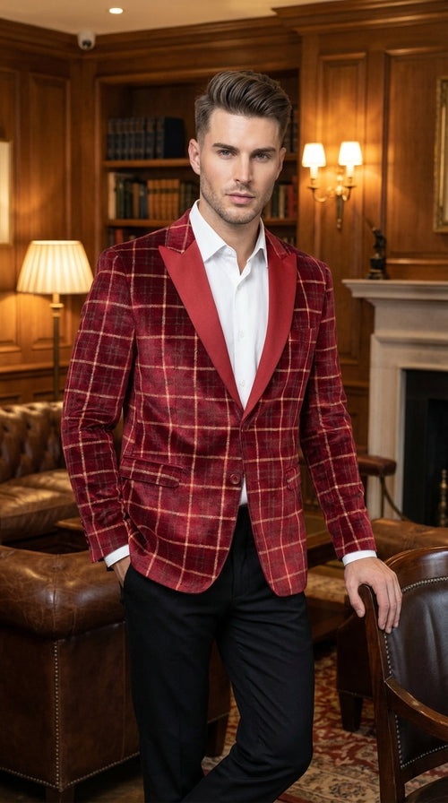 Mens Red Burgundy Plaid Blazer with Contrast Lapel – Velvet Fabric Check Prom Blazer Jacket for Party, Christmas New Year Holiday Jacket