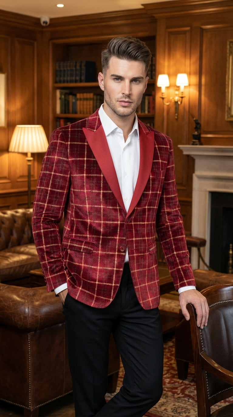 Mens Red Burgundy Plaid Blazer with Contrast Lapel – Velvet Fabric Check Prom Blazer Jacket for Party, Christmas New Year Holiday Jacket - 36 Short