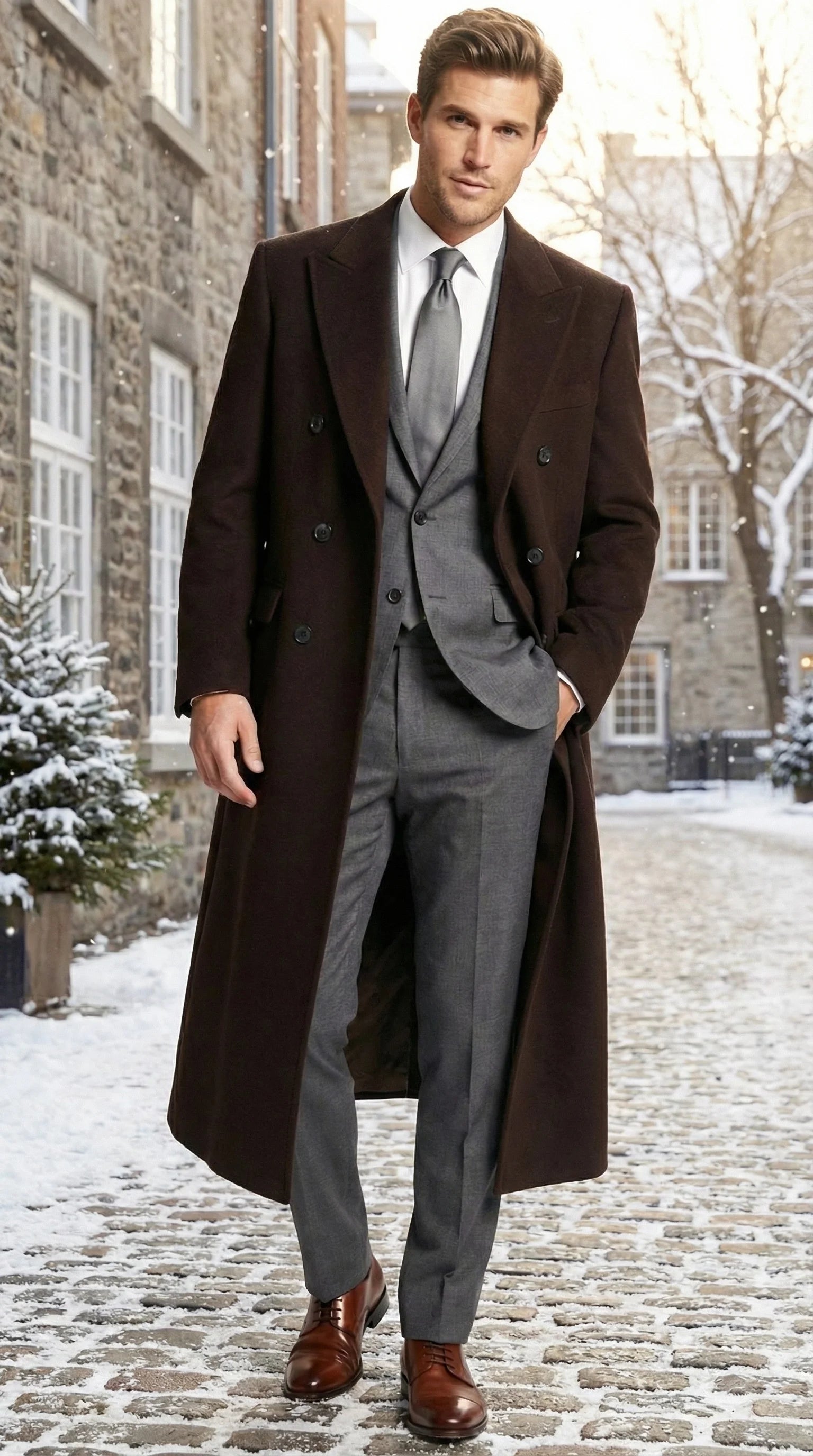 Men’s Brown Long Overcoat – Double Breasted Classic Formal Winter Coat for Business, Topcoat and Cold Weather Wear - Coat Size 38