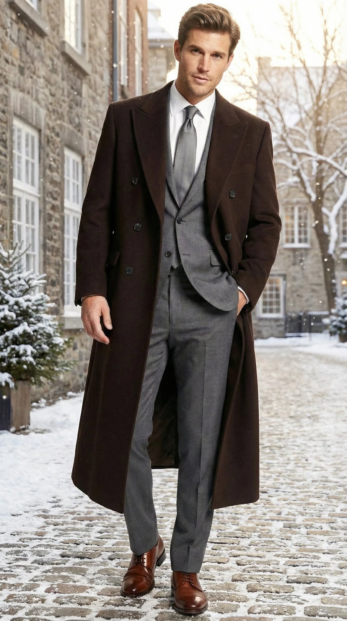 Mens Brown Long Overcoat Double Breasted Classic Formal Winter Coat for Business, Topcoat and Cold Weather Wear