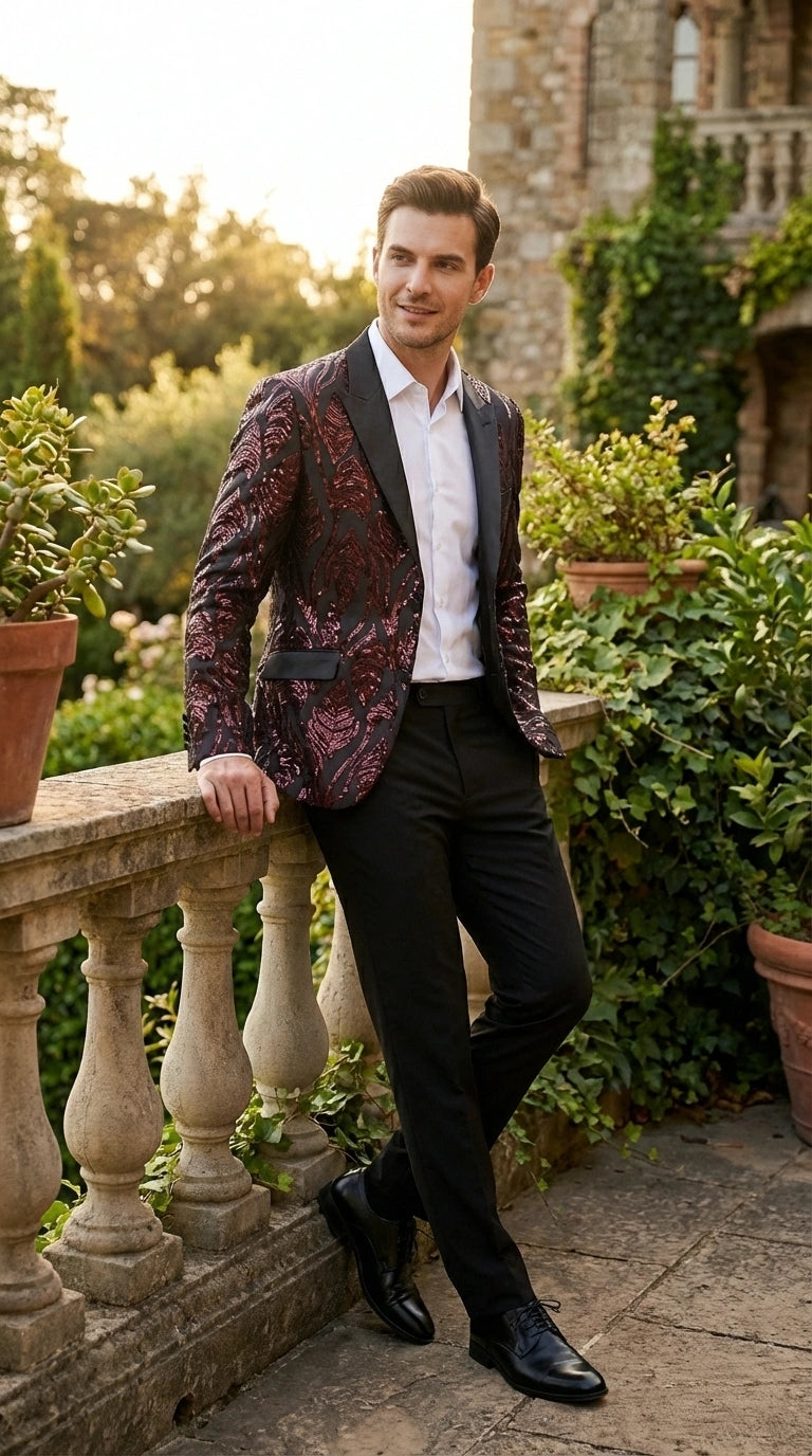 Men’s Black and Burgundy Sequin Blazer – Black Sparkle Sequin Party Blazer with Burgundy Pattern for Prom, Wedding Slim Fitted - 36 Short