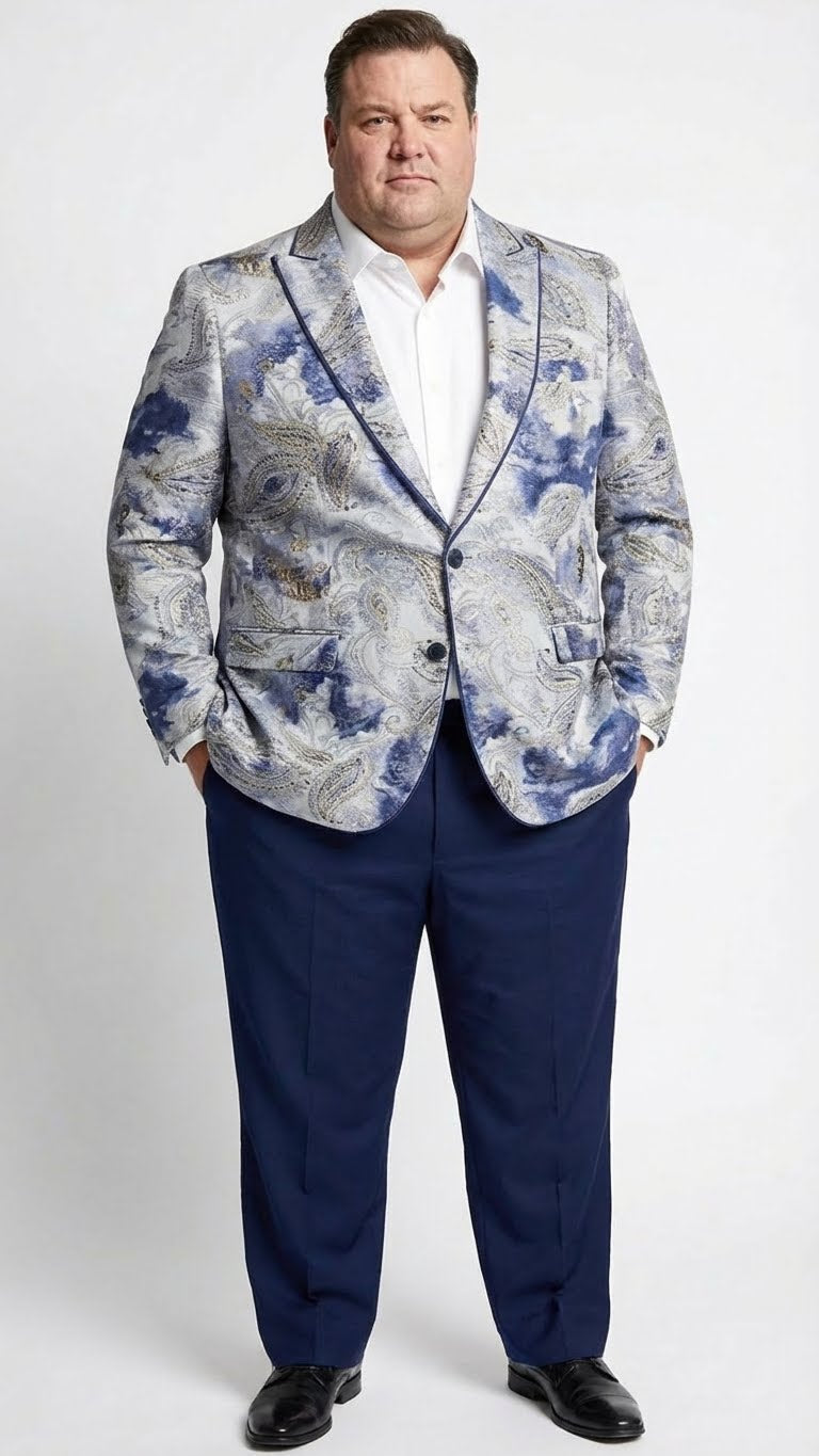 Men’s Navy Blue and Gray Paisley Print Blazer – Prom Jacket for Formal, Party, and Evening Wear - 36 Short