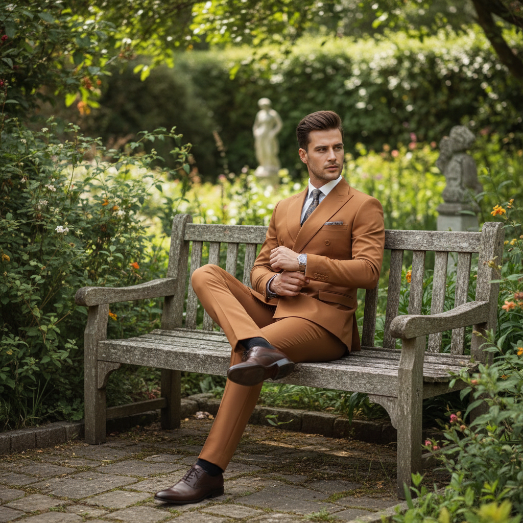 Men’s Vitali Brand Rustish Orange Brown Copper Color Double Breasted Slim Fit Suit - 34 Short or Extra Small