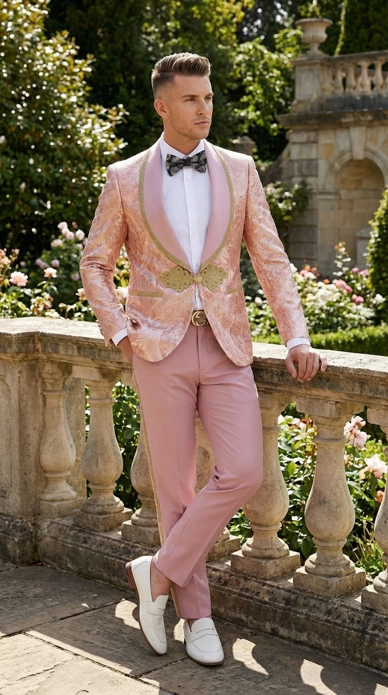 Men’s Rose Gold Pink Prom Tuxedo Suit – Slim Fit Paisley Pattern Formal Tuxedo Suit for Prom, Wedding and Special Events - 34 Short or Extra Small