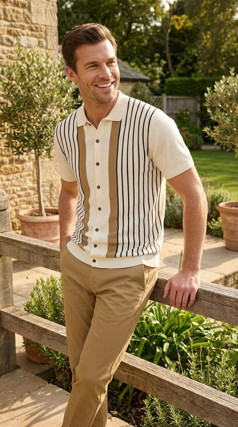 Mens Cream and Tan Striped Walking Suit Set – Casual Summer Short Sleeve Shirt and Pants Outfit for Vacation, Travel and Everyday Wear - S