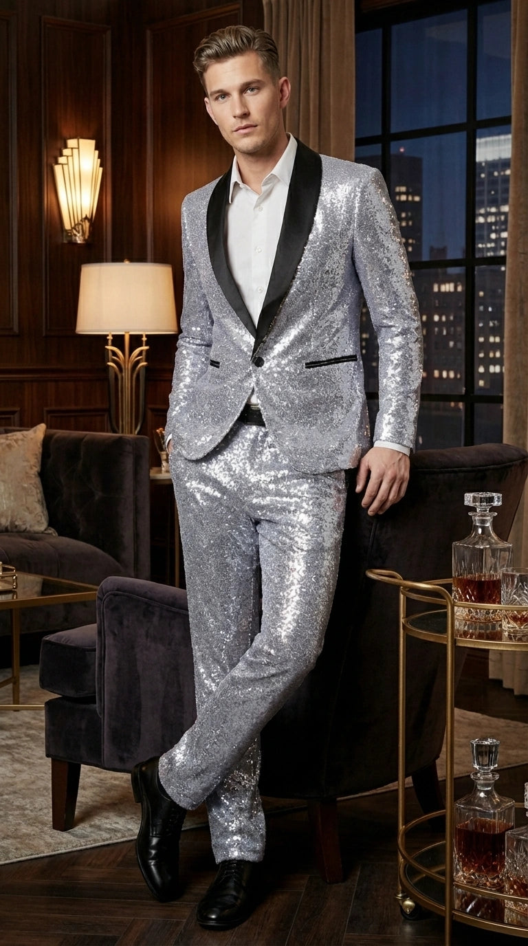 Mens Silver Grey Sequin Tuxedo Suit – Shiny Wedding Suit Set with Black Lapel for Prom, Party, Gala and Formal Evening Wear - 34 Short or Extra Small