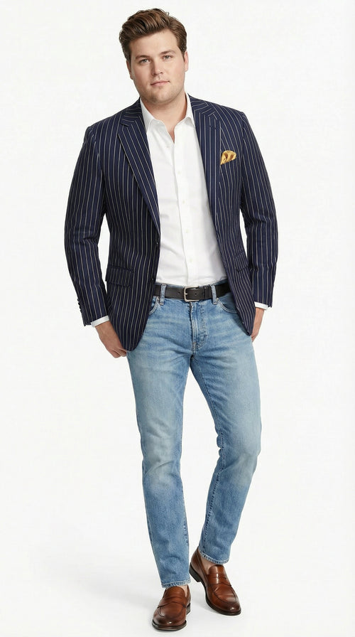 Mens Navy Blue Pinstripe Blazer Classic Tailored Formal Jacket for Business, Office and Smart Casual Wear