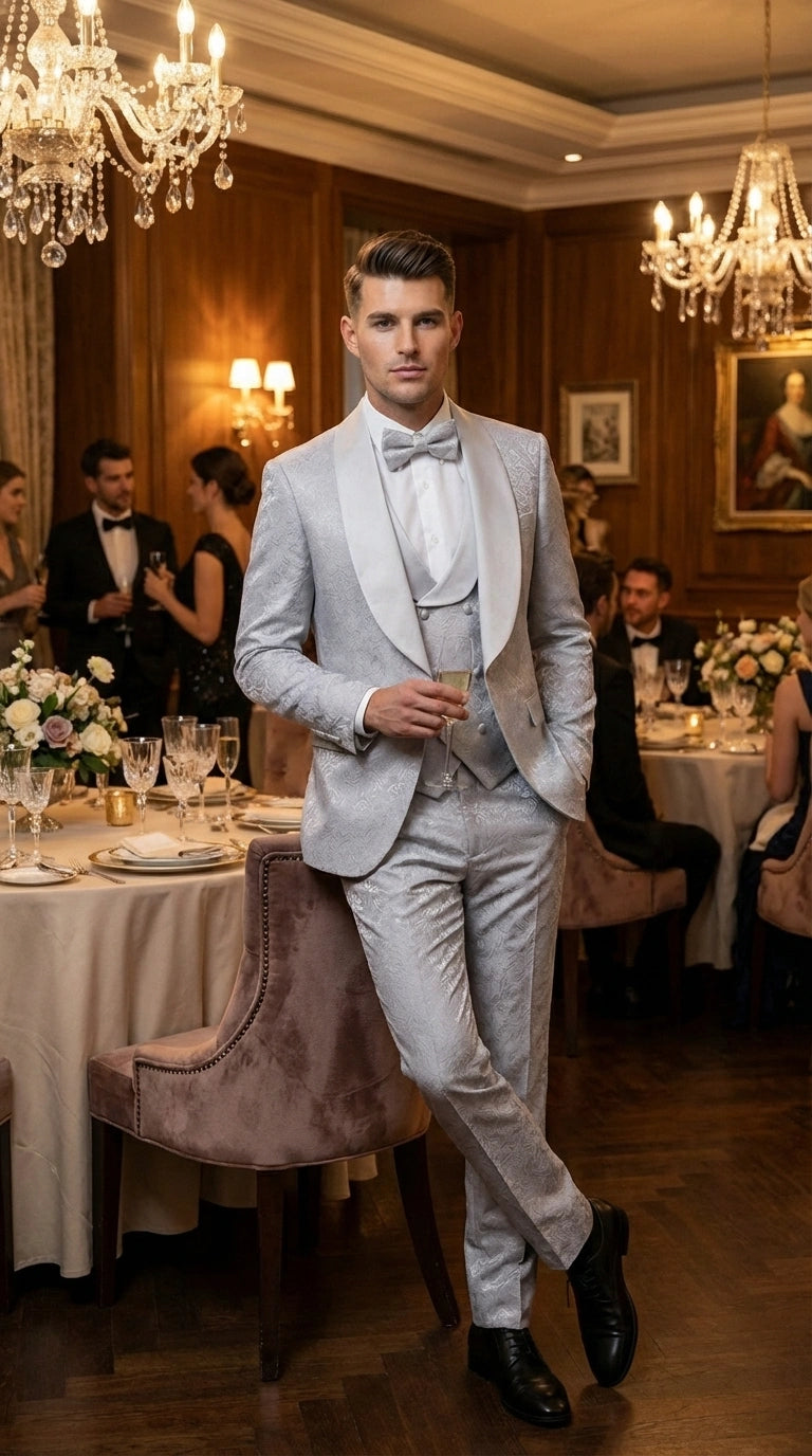 Mens Light Silver Wedding Tuxedo Suit – Paisley Fabric Three Piece Formal Suit Set with Shawl Lapel for Groom, Prom, Gala and ice Grey - 34 Short or Extra Small