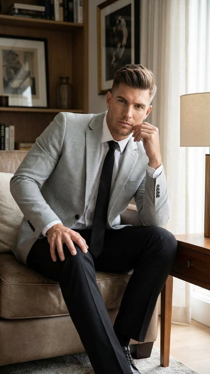 Mens Light Grey Slim Fit Blazer Sport Coat with Black Pants | Premium Formal and Smart Casual Outfit