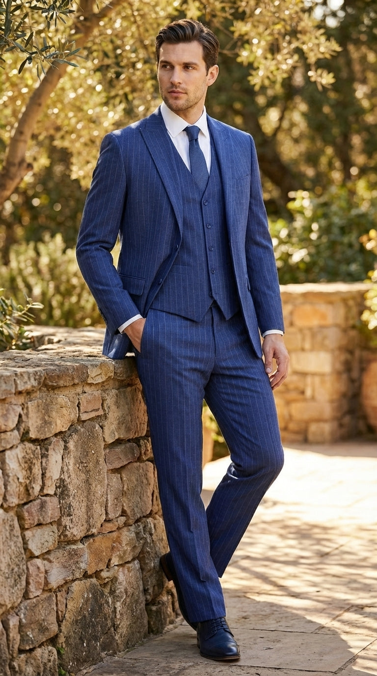 Men’s Cobalt Blue 3 Piece Suit – Indigo Light Blue Pinstripe Formal Suit with Vest for Wedding, Business Modern Fit Two buttons - 34 Short or Extra Small