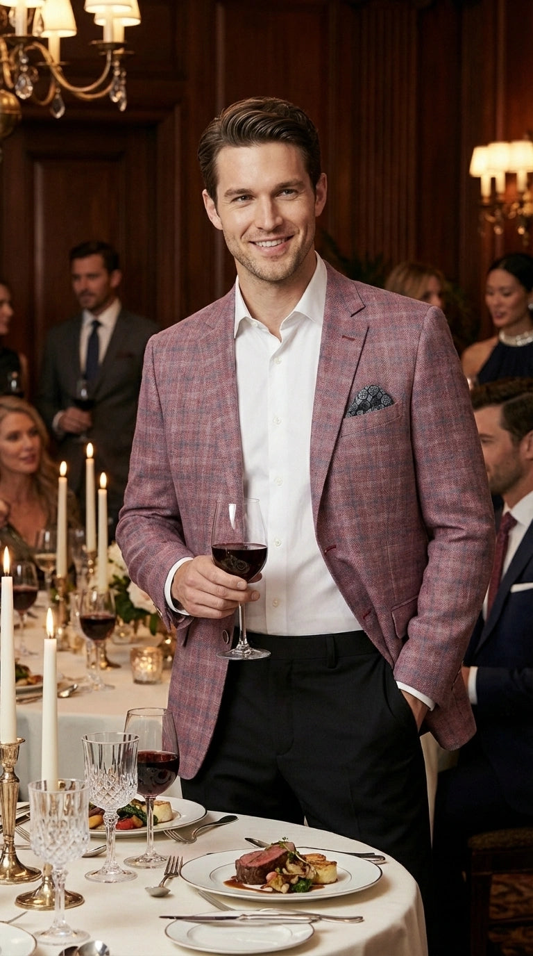 Mens Dusty Rose Mauve Pink with Tint of Blue Plaid Sport Coat Blazer – Classic Check Pattern Casual Blazer Jacket for Business Casual, Wedding - 36 Short