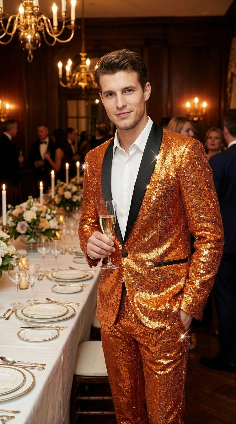 Mens Orange Sequin Tuxedo Suit – Shiny Wedding Suit Set with Black Lapel for Prom, Party, Gala and Formal Evening Wear - Goldish Orange - 34 Short or Extra Small