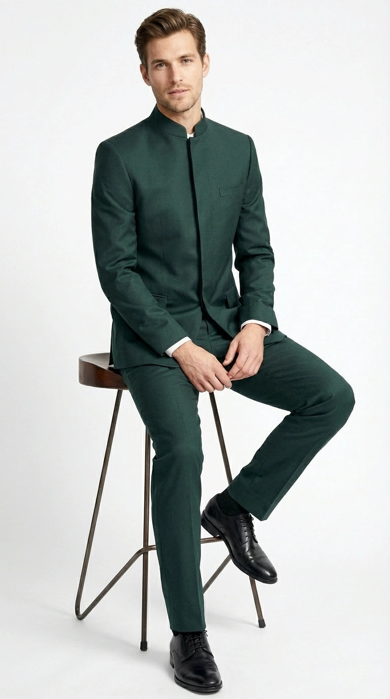 Men’s Olive Green Tuxedo Mandarin Collar Suit – Modern Nehru Style Formal Suit for Wedding Banded Collar - 34 Short or Extra Small