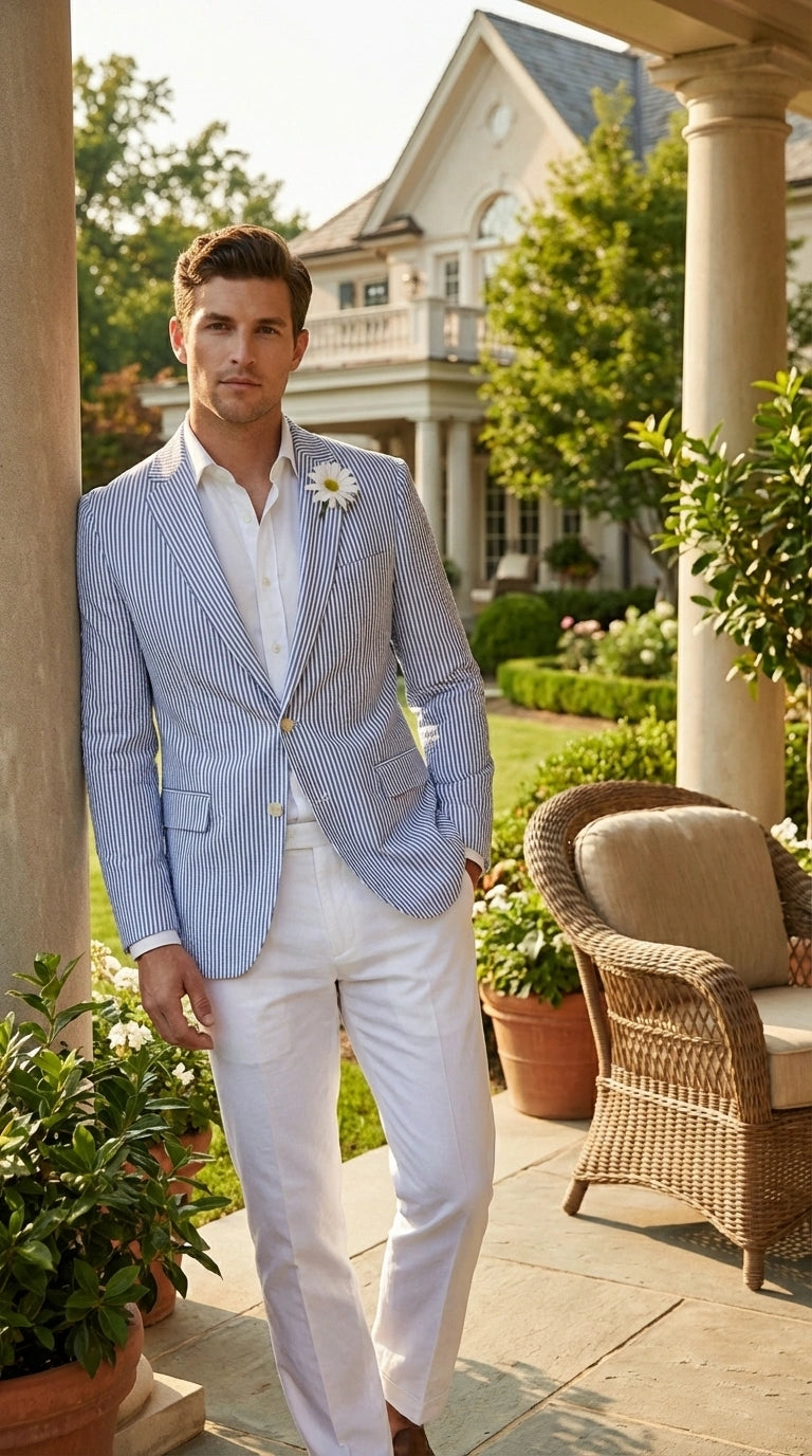 Mens Blue Seersucker Blazer – Lightweight Striped Summer Sport Coat Casual Smart Formal Jacket - 36 Short