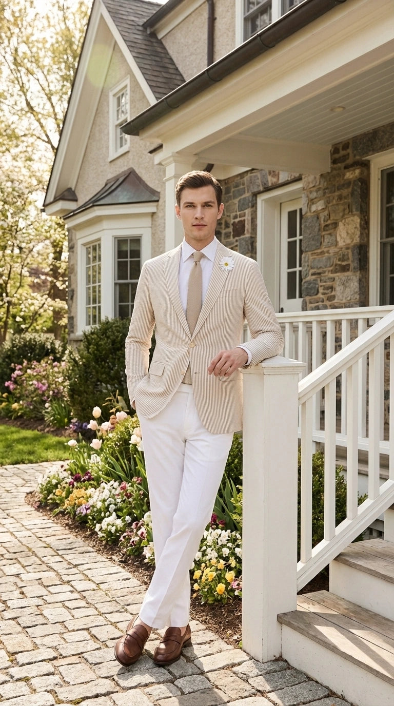 Mens Beige Seersucker Blazer – Lightweight Striped Summer Sport Coat Casual Smart Formal Jacket - 36 Short