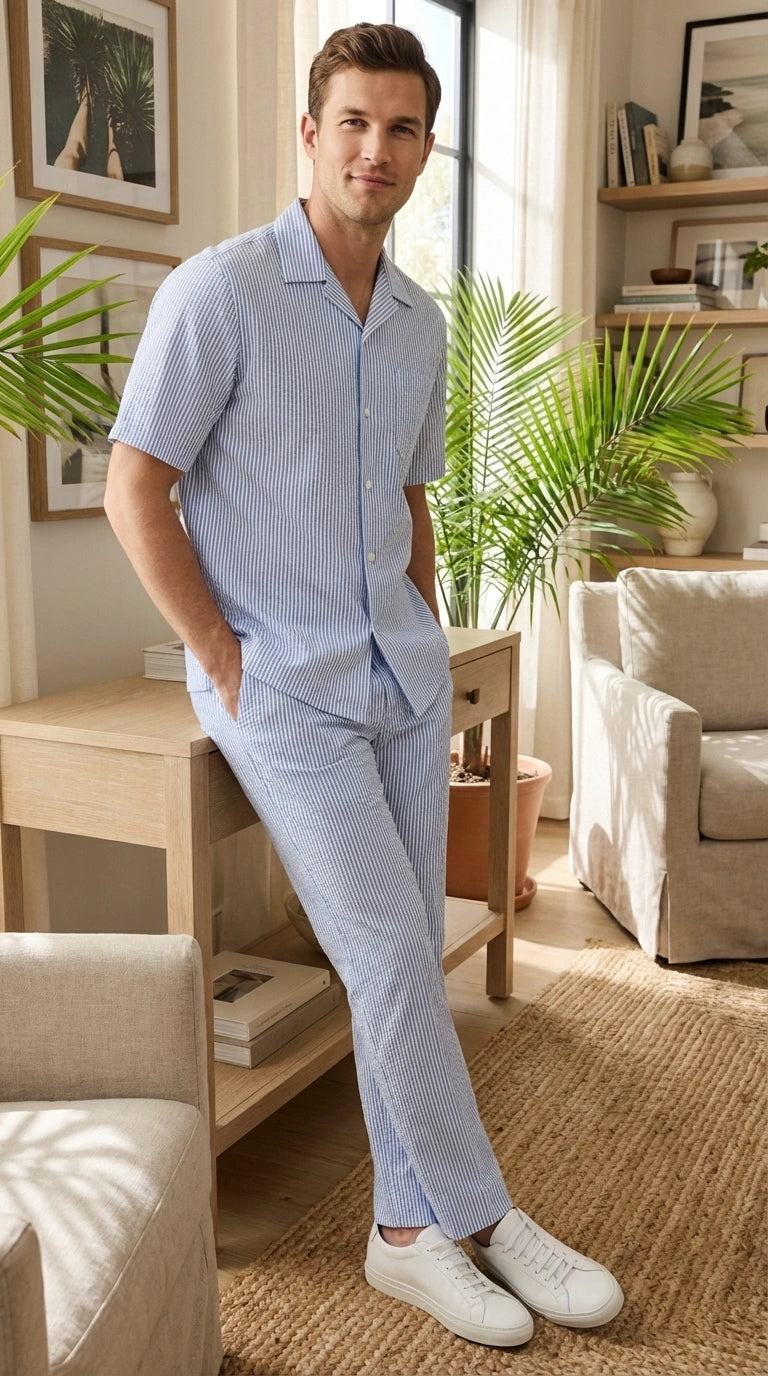 Mens Light Blue Seersucker Walking Suit Set – Casual Summer Short Sleeve Outfit with Matching Pants Lightweight Two Piece Set - S