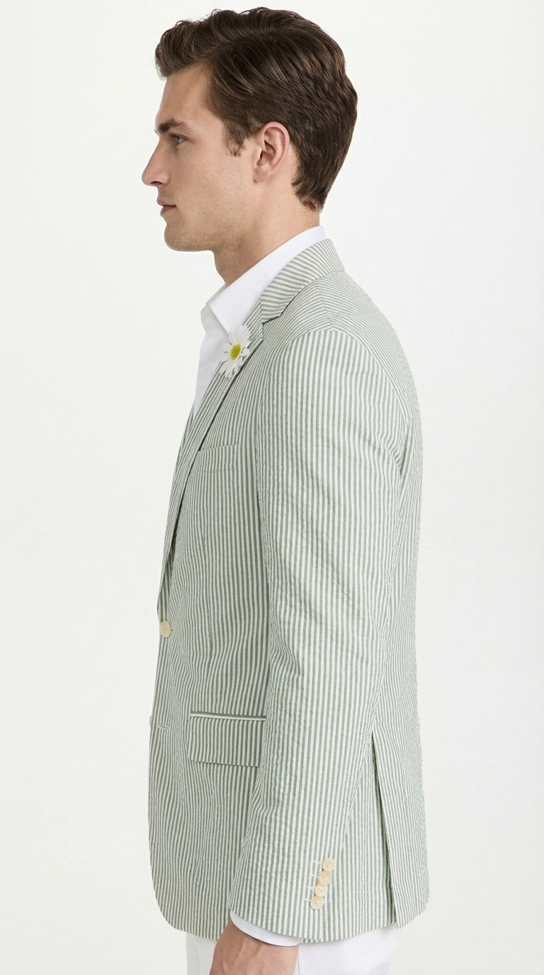 Mens Sage Green Seersucker Blazer – Lightweight Striped Summer Sport Coat Casual Smart Formal Jacket - 36 Short