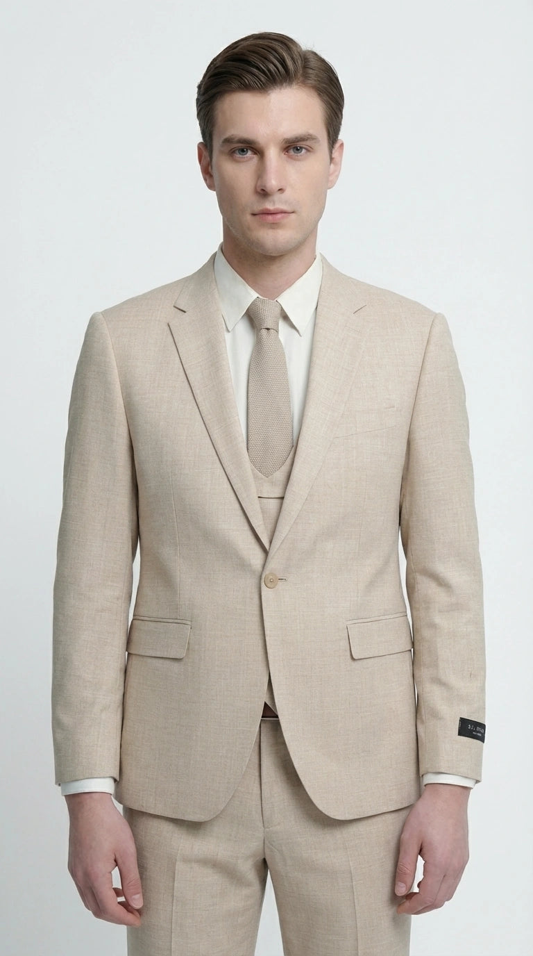 Mens Sand Beige 3 Piece Suit – Double breasted Vest Formal Suit Set  and Dress Pants in Champaign Natural Summer Color - 34 Short or Extra Small