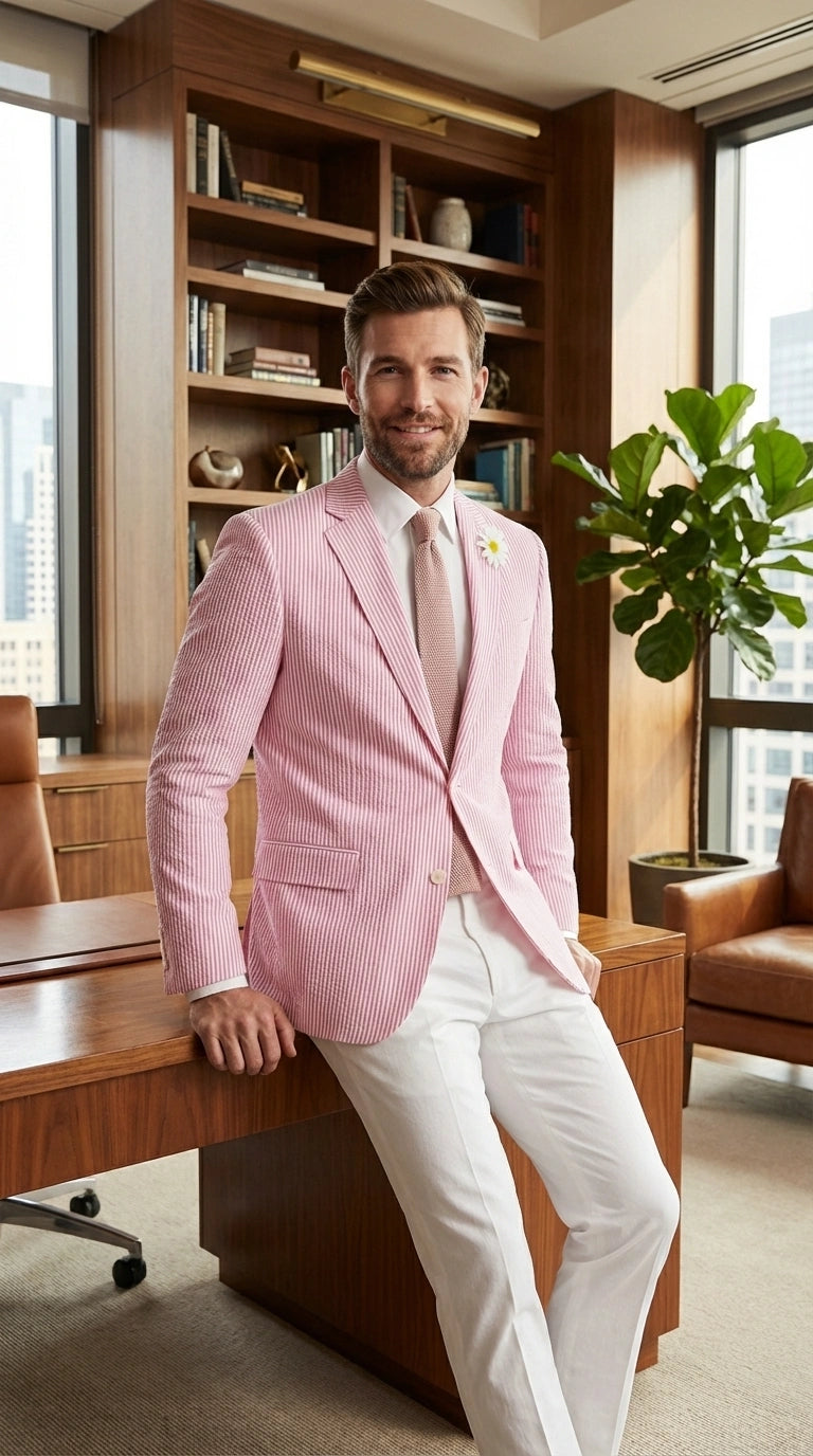 Mens Pink Seersucker Blazer – Lightweight Striped Summer Sport Coat Casual Smart Formal Jacket - 36 Short