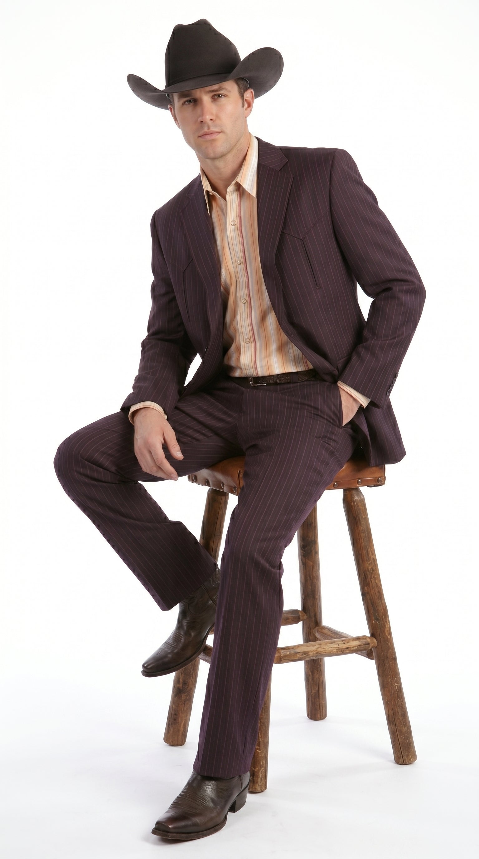 Men’s Brownish Black Pinstripe Western Suit, Cowboy Formal Wedding Ranch Dress Suit Set Slim Fitted