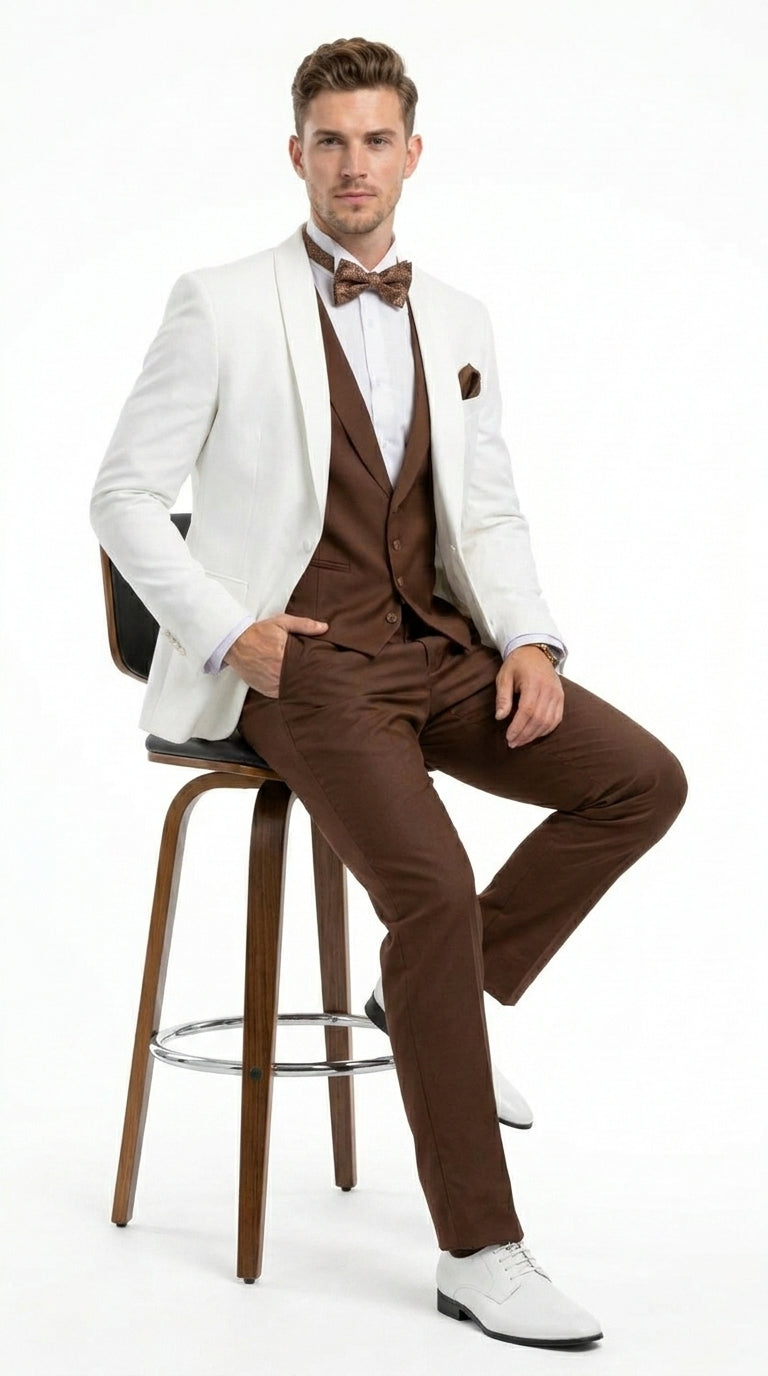 Men’s Ivory and Brown 3 Piece Suit – Elegant White Blazer with Brown Vest and Trousers for Wedding, Prom and Formal Events in off White Cream + Bowtie - 34 Short or Extra Small