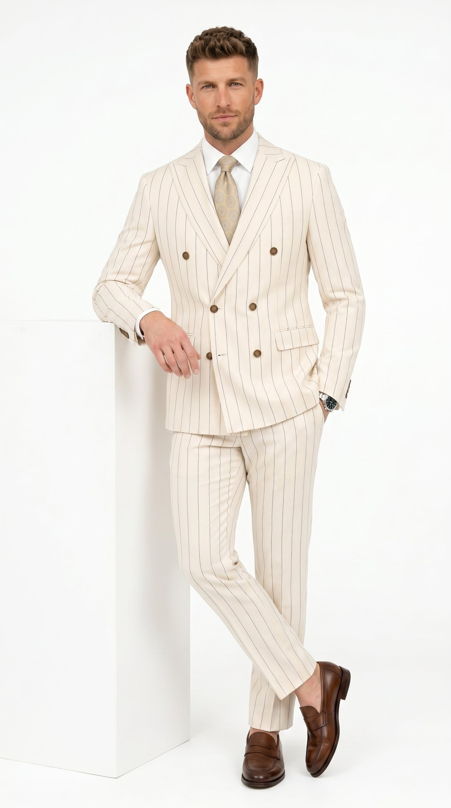 Men’s Cream Off White Pinstripe Linen Pinstripe 2 Piece Double Breasted Suit, Summer Wedding Ivory Color By Vitali