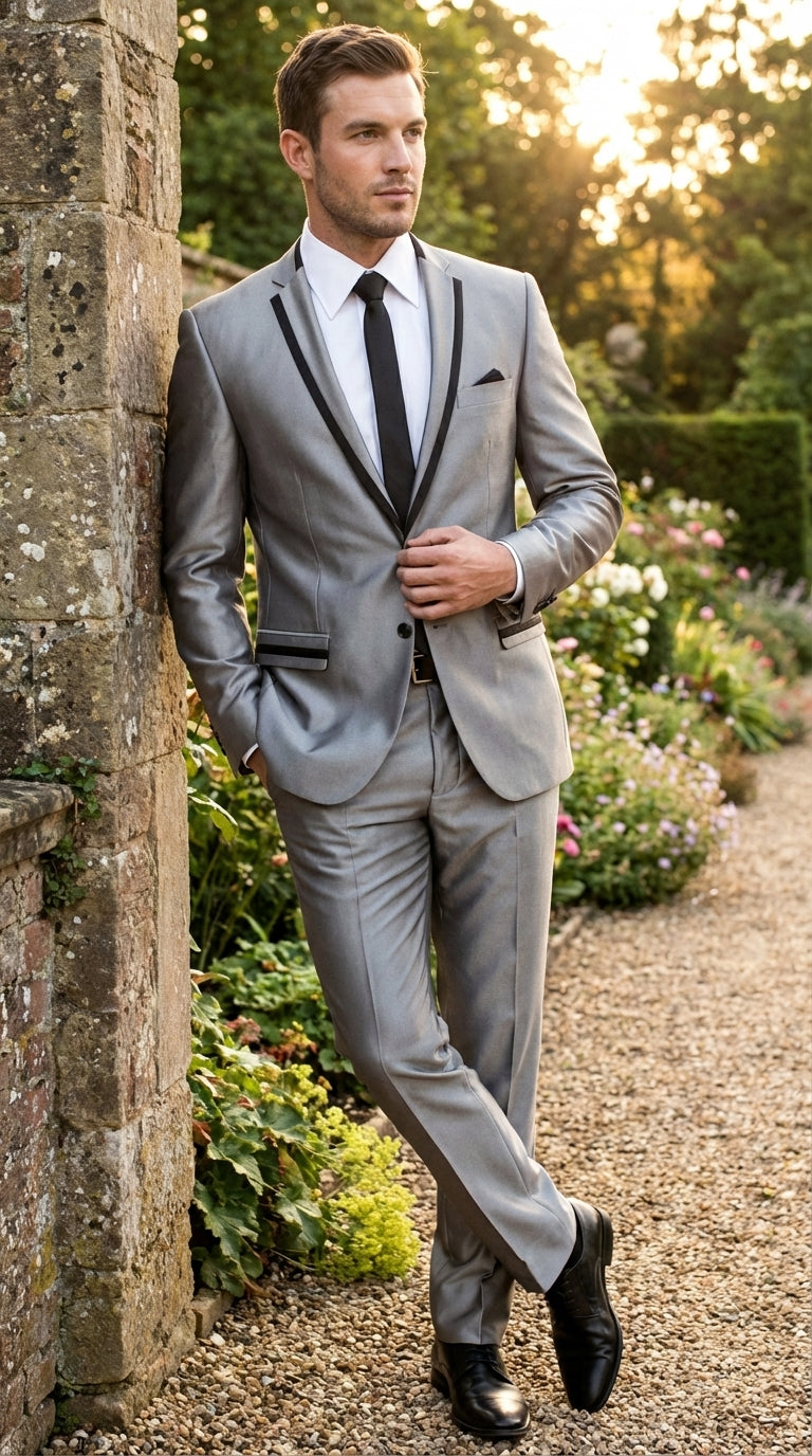 Men’s Silver Sharkskin Tuxedo Suit with Black Piping – Shiny Two Button Formal Suit for Wedding, Prom and Party Wear - 34 Short or Extra Small