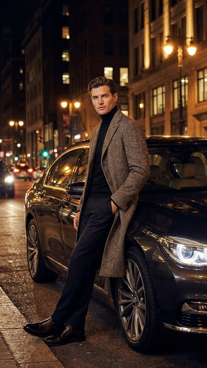 Mens Black & Grey  Herringbone Tweed Wool Blend Overcoat Classic Single-Breasted Winter Blazer Carcoat