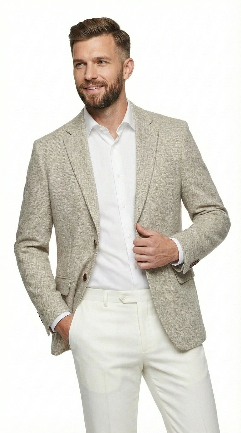 Men’s Light Tan Tweed Blazer – Classic Herringbone Sport Coat, Beige Casual Formal Jacket, Vintage Style Business & Smart Casual Wear - 36 Short