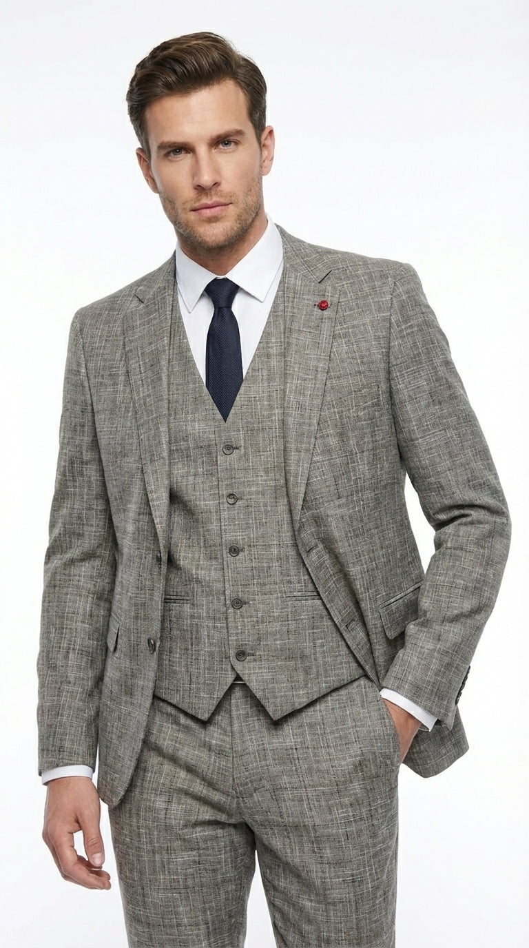 Vitali Brand Men’s Grey Textured Patterned 3 Piece Suit – Modern Fit Checkered Sharkskin with Blazer, Vest & Trousers, Business Wedding - 34 Short or Extra Small