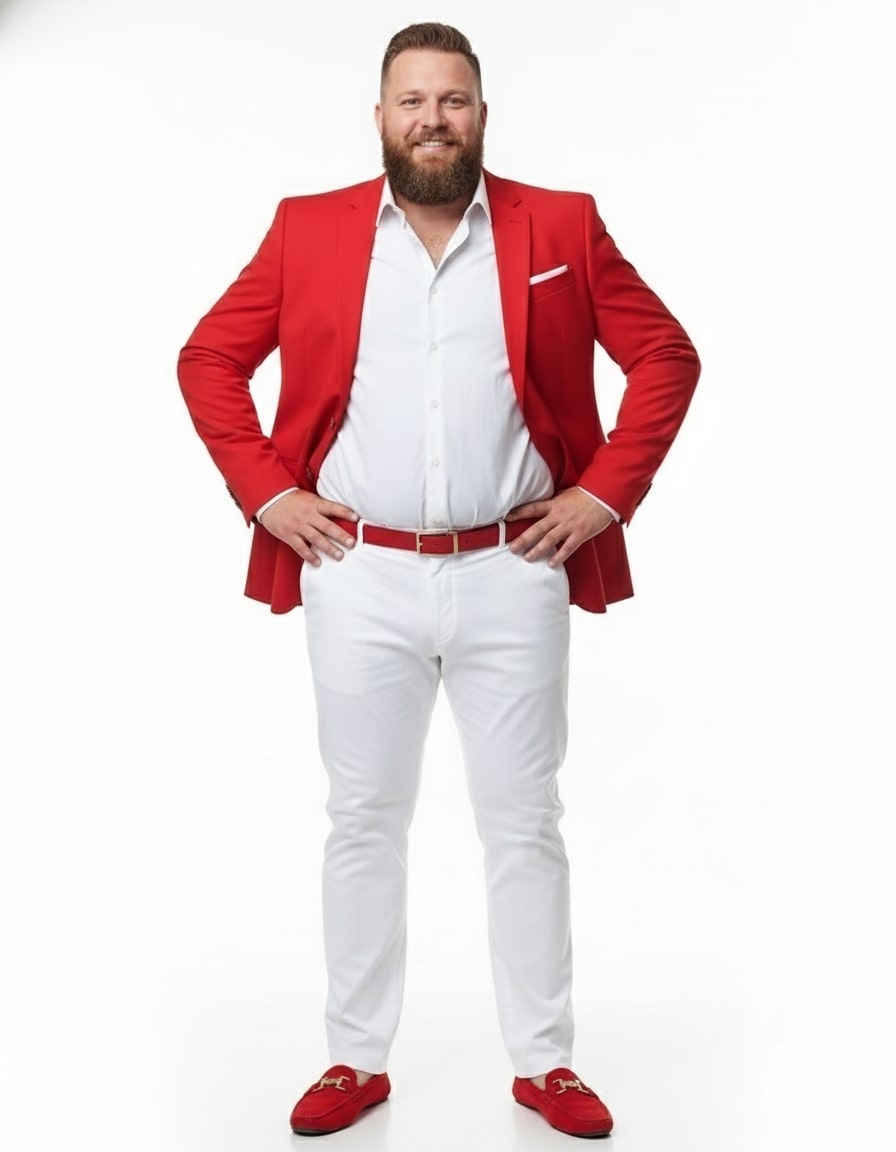Mens Red Blazer and White Pants Set – Stylish Casual Dress Outfit For New Year Holiday and Christmas Suit - 36 Short