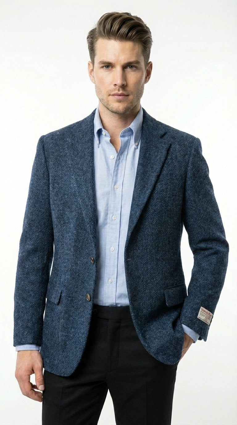 Mens Light Blue Tweed Blazer Sport Coat – Classic Herringbone Jacket Formal Business Casual Smart Outerwear in indigo cobalt blue - 36 Short