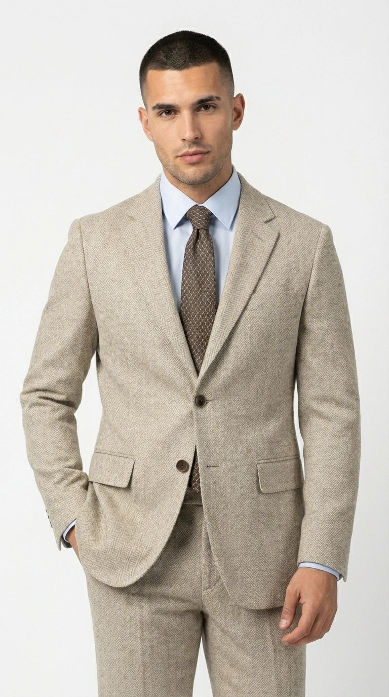 Men’s Light Tan Tweed Suit – Classic Beige Two Piece Suit, Herringbone Formal Wear, Vintage Style Business & Wedding Outfit for Men - 34 Short or Extra Small