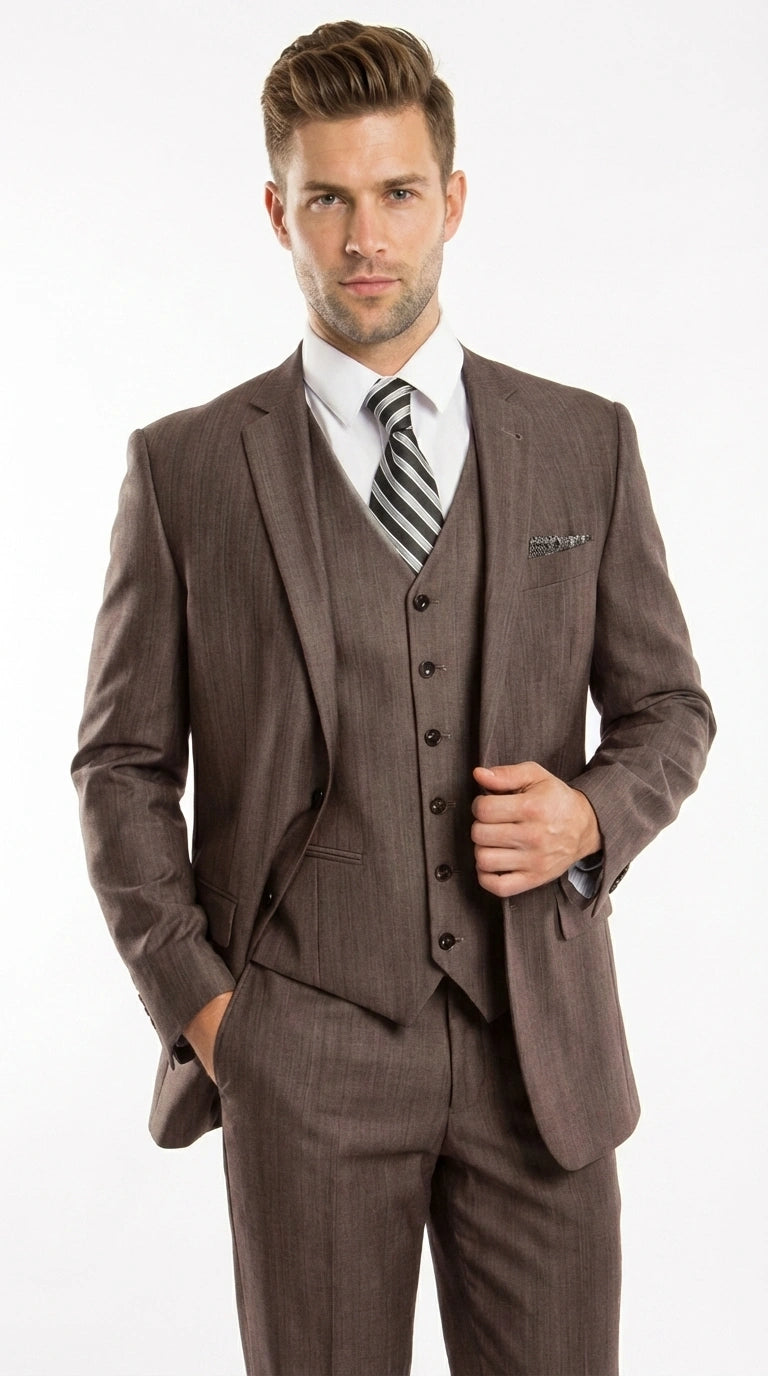 Men’s Brown Sharkskin 3 Piece Suit – Textured Two Button Vested Business Formal Suit for Wedding, Party Wear Vested - 34 Short or Extra Small