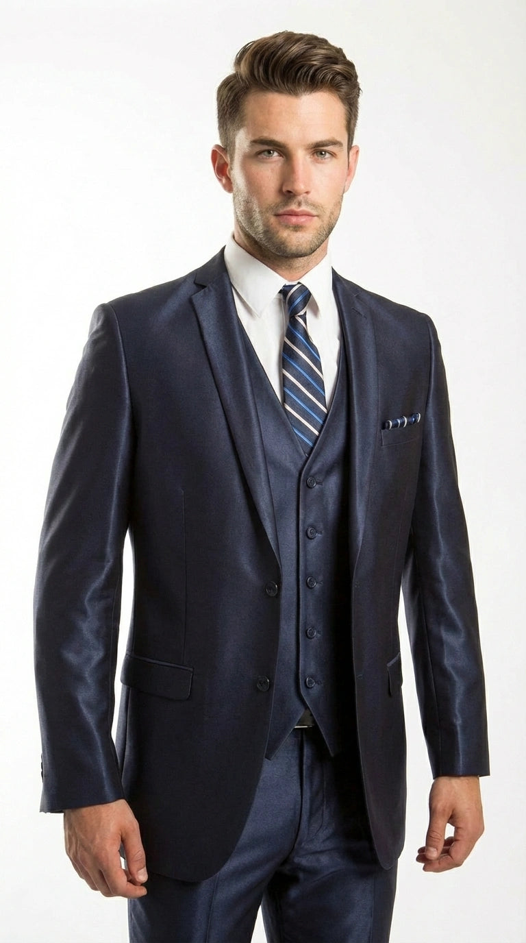 Men’s Navy Blue Sharkskin 3 Piece Suit – Two Button Vested Shiny Formal Suit for Wedding, Prom, Business and Party Wear - 34 Short or Extra Small