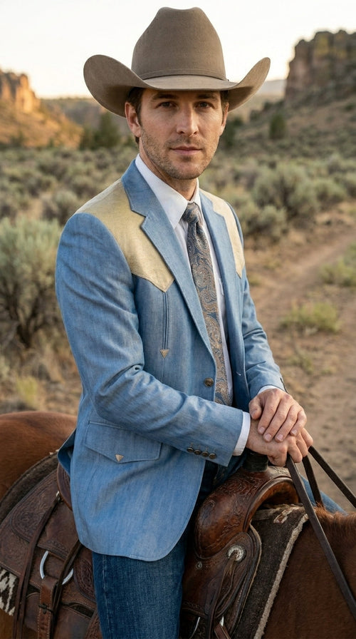 Men’s Steel - Light Blue and Bone Color Western Cowboy Blazer – Shiny Country Style Dress Jacket for Rodeo Saco De Hombre Vaquero