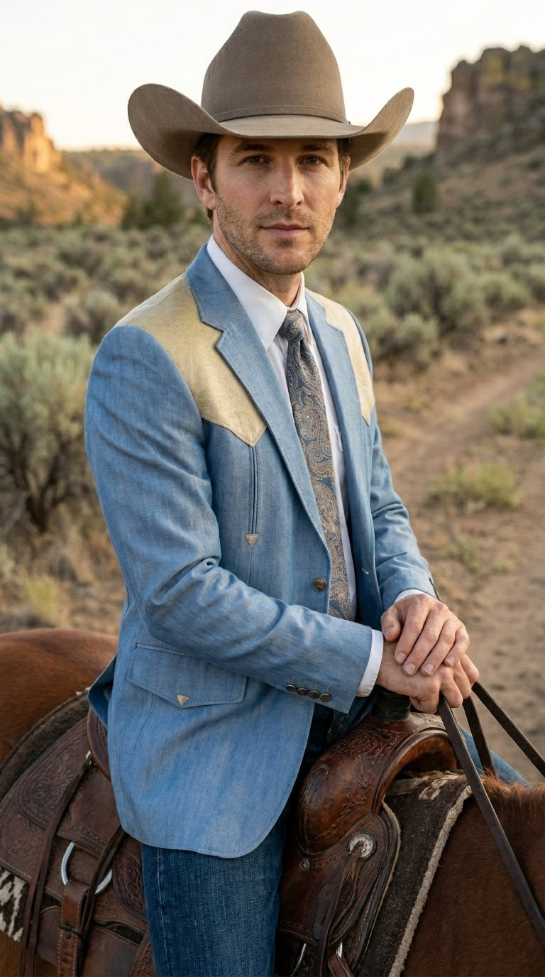 Men’s Steel - Light Blue and Bone Color Western Cowboy Blazer – Shiny Country Style Dress Jacket for Rodeo Saco De Hombre Vaquero - 36 Short