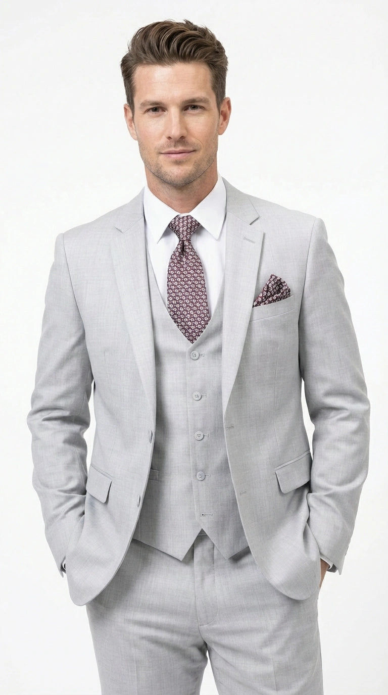 Men’s Light Grey Sharkskin 3 Piece Suit – Two Button Vested Modern Formal Business Suit for Wedding in silver Ice Gray - 34 Short or Extra Small