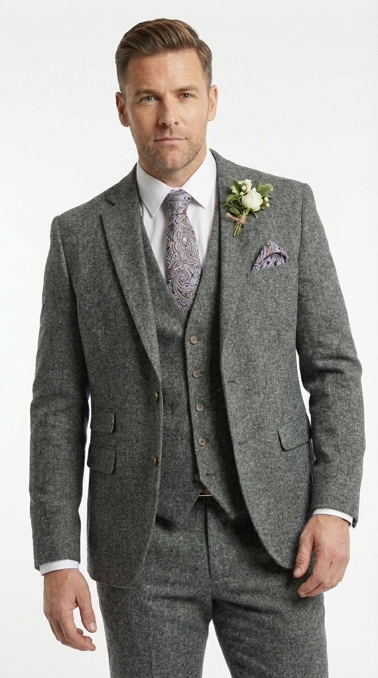 Men’s Peaky Blinder Light Grey Tweed Suit with Vest – Classic Three Piece Formal Suit, Vintage Wedding Business Outfit - 34 Short or Extra Small