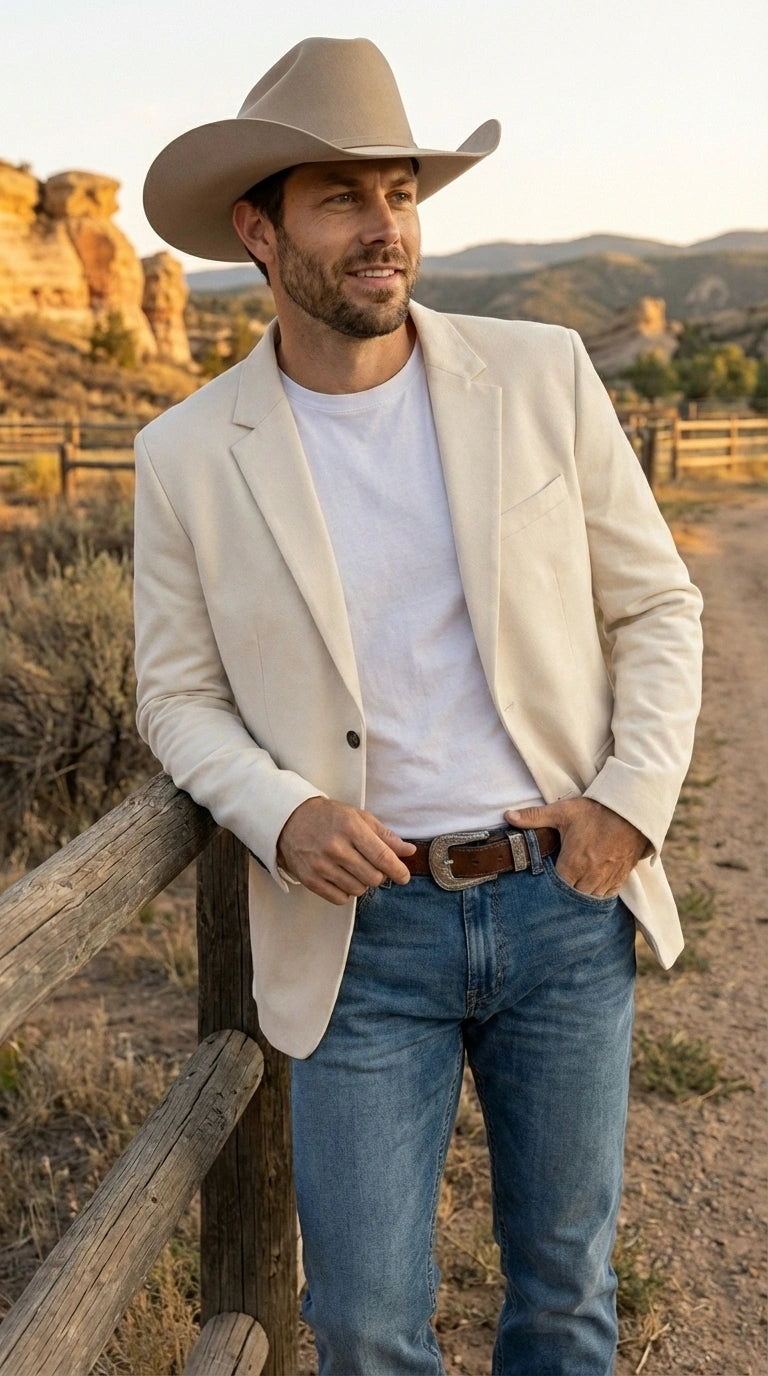 Men’s Off White Casual Blazer – Classic Western Style Lightweight Summer Cowboy Jacket Casual Ivory Cream Color - 36 Short
