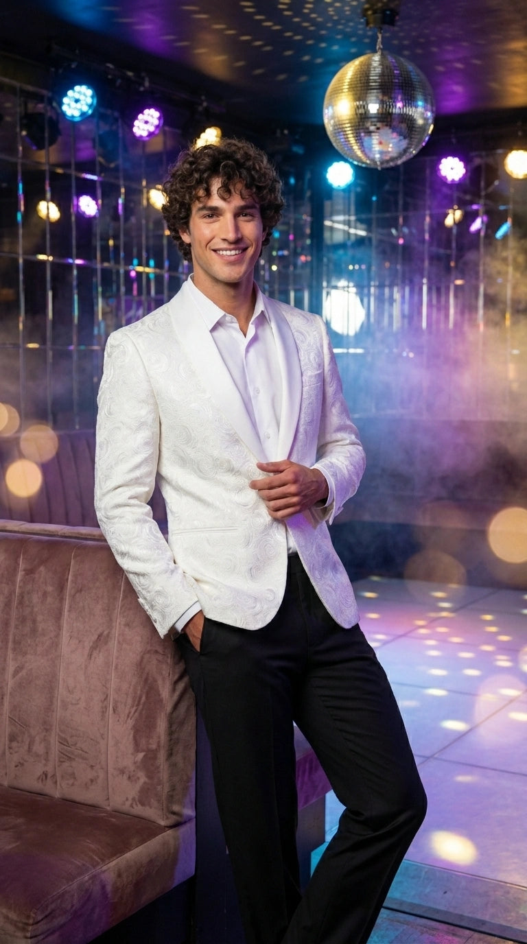 Men’s White Paisley Disco Blazer 1980s Style Jacket – Shawl Lapel Formal Party Blazer, Elegant Masquerade Club Wear, Stylish Evening Outfit - 36 Short