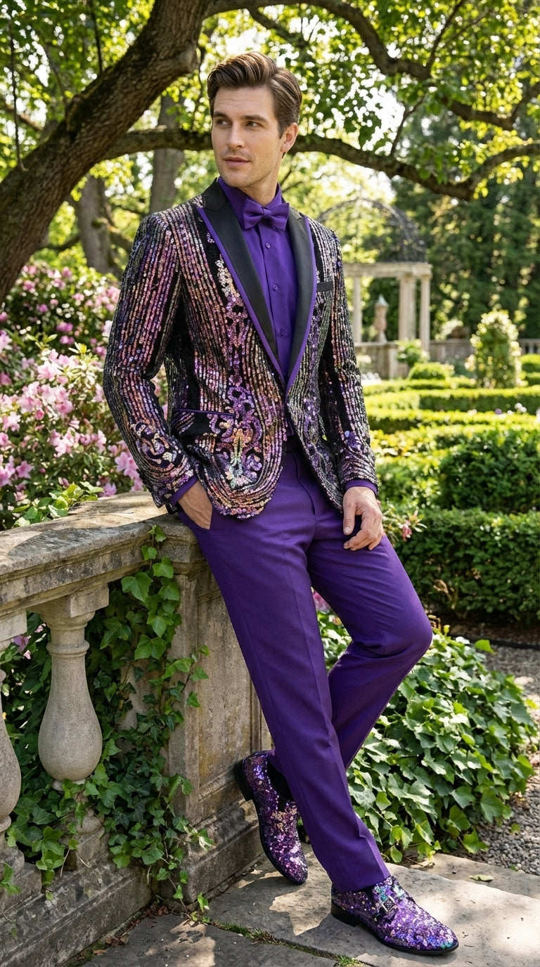 Mens Mardi Gra Black and Purple and Gold Sequin Tuxedo Jacket Set – Designer with Floral Pattern Jacket Formal Wedding Party Wear Bowtie - 36 Short