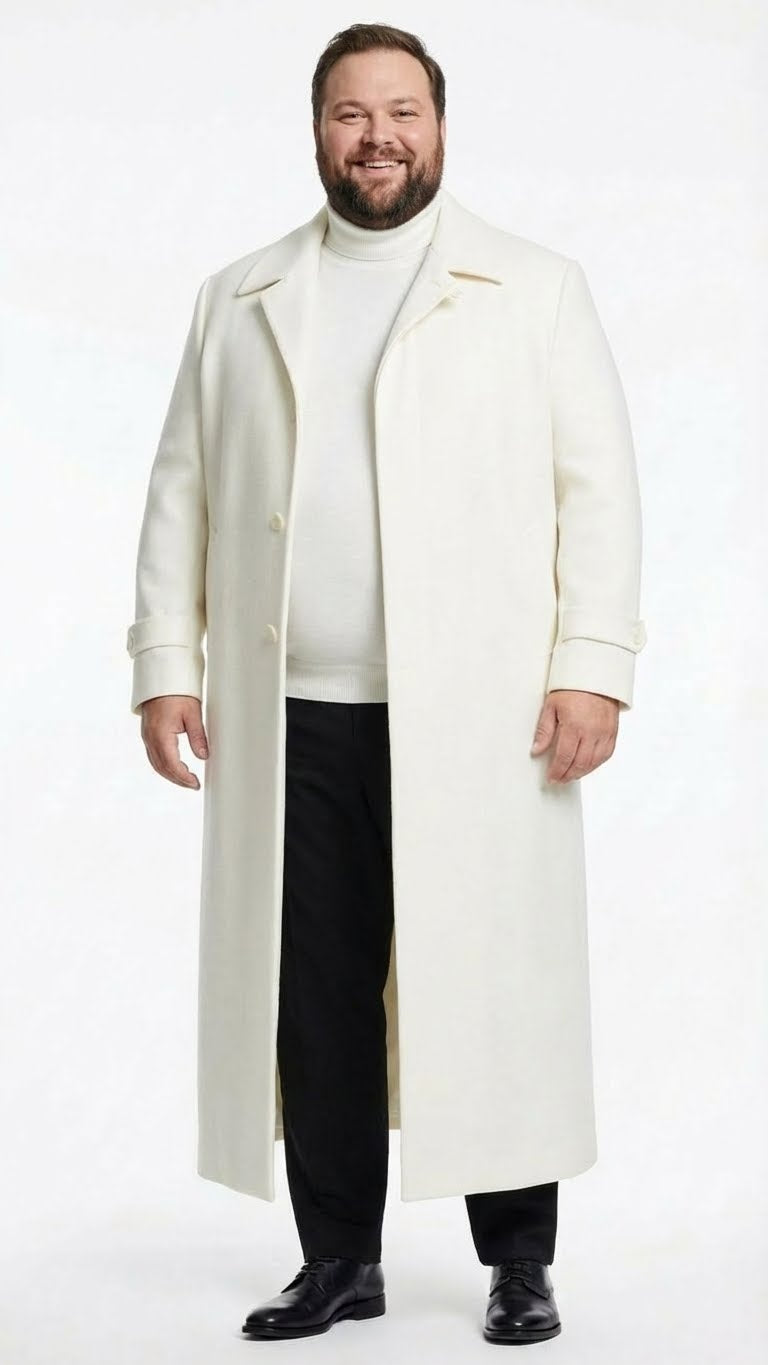 Mens Off-White Long Trench Coat Overcoat with Classic Clean Design Duster Maxi Coat in Ivory Color