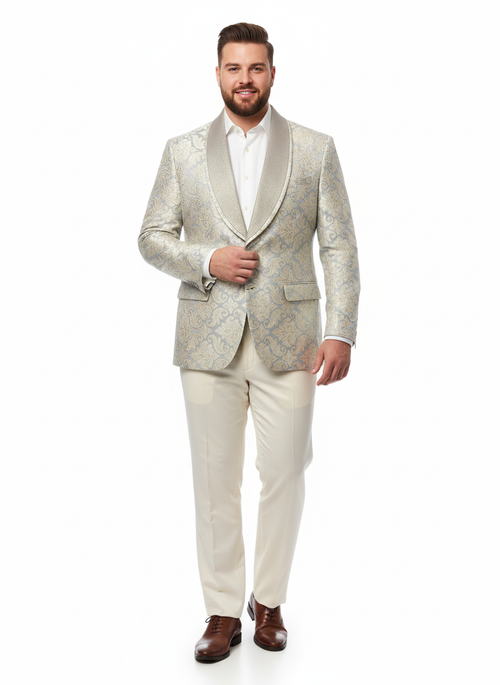 Mens Champaign Silver and Cream Embroidered Luxury Blazer Floral Pattern Wedding & Party Dinner Jacket in Light Tan Color