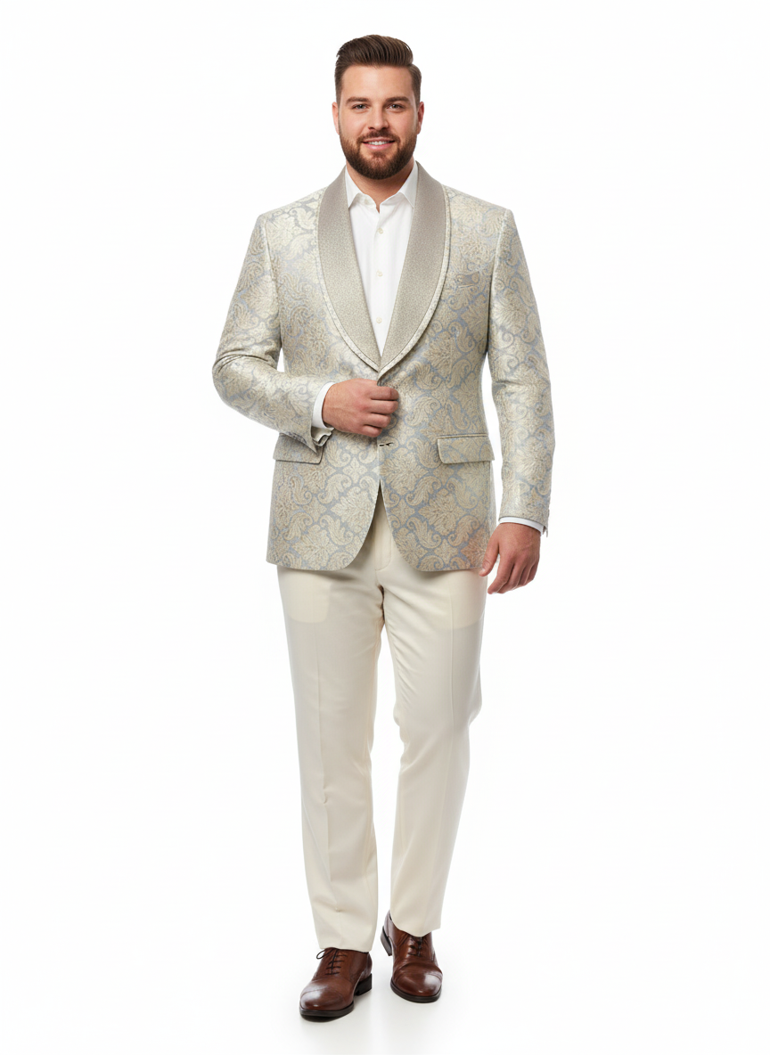 Men’s Champaign Silver and Cream Embroidered Luxury Blazer – Floral Pattern Wedding & Party Dinner Jacket in Light Tan Color - 36 Short